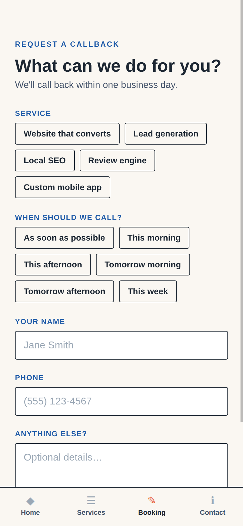 App booking screen