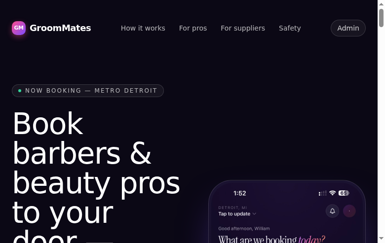GroomMates — on-demand barber and beauty booking app landing page