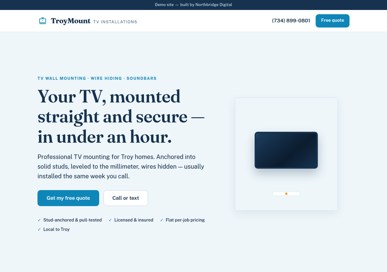 TroyMount TV Installations — Troy, MI TV mounting website home page
